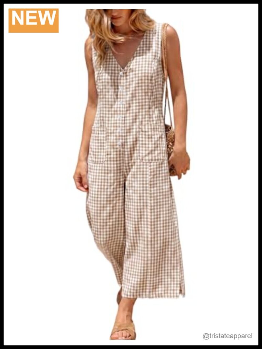 Sleeveless Wide Leg Jumpsuit with Pockets - Button Down Plaid Casual Romper
